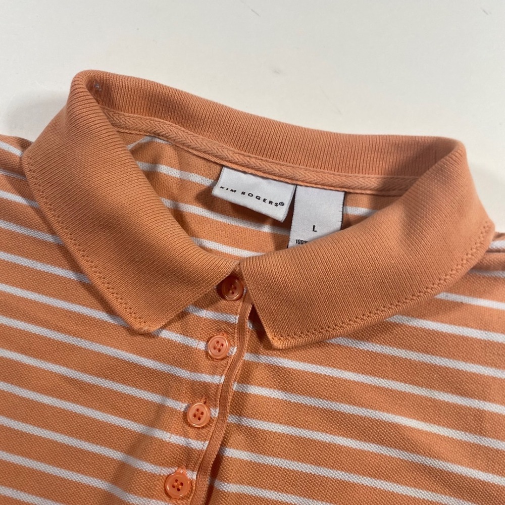 Kim Rogers Womens Orange White Striped Cotton Polo Shirt Short Sleeve Large